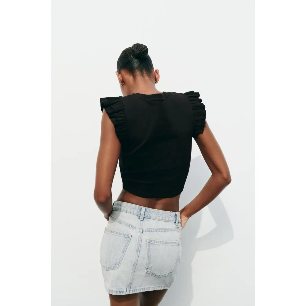 Zara Black Ribbed Ruffle Sleeve Crop Cropped Top Cotton Blend Minimalist women L - Image 8