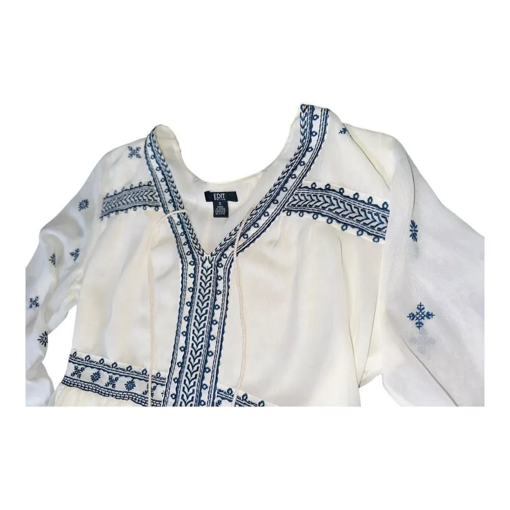 Boho Chic Small Navy Embroidered Peasant Top Flowy Chiffon Sheer Long Sl…​ Blue - Image 12