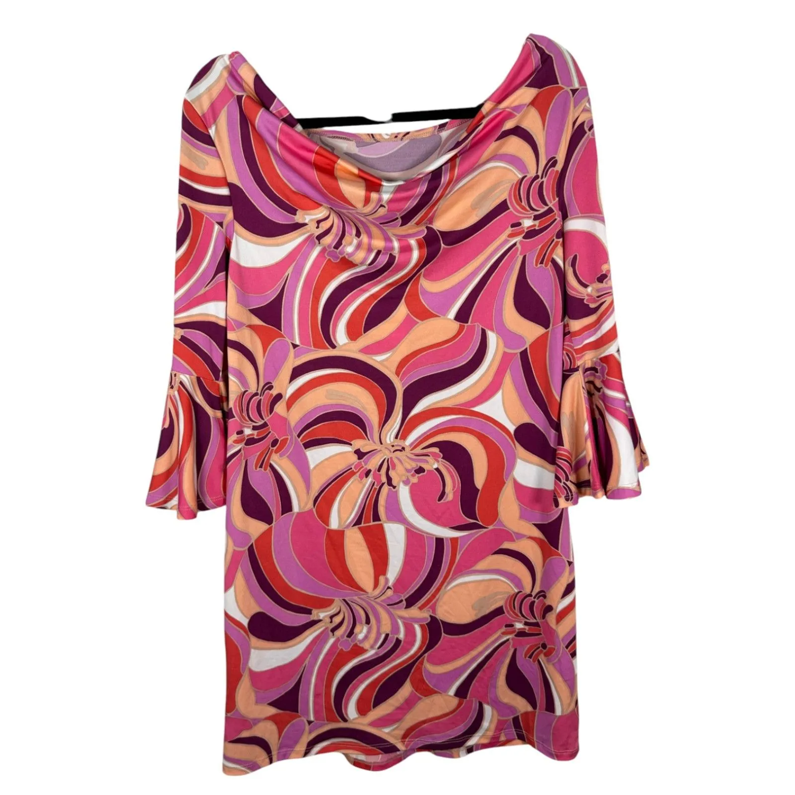 Trina Turk Pink Bold Bright Bell Sleeve Abstract 60s Shirt Dress  Medium NEW - Image 2