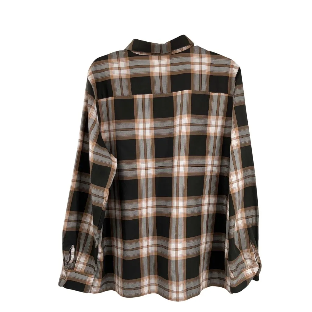 Foxcroft Blouse Women’s 16 Black Brown Cream Plaid Wrinkle Free Used Career - Image 2