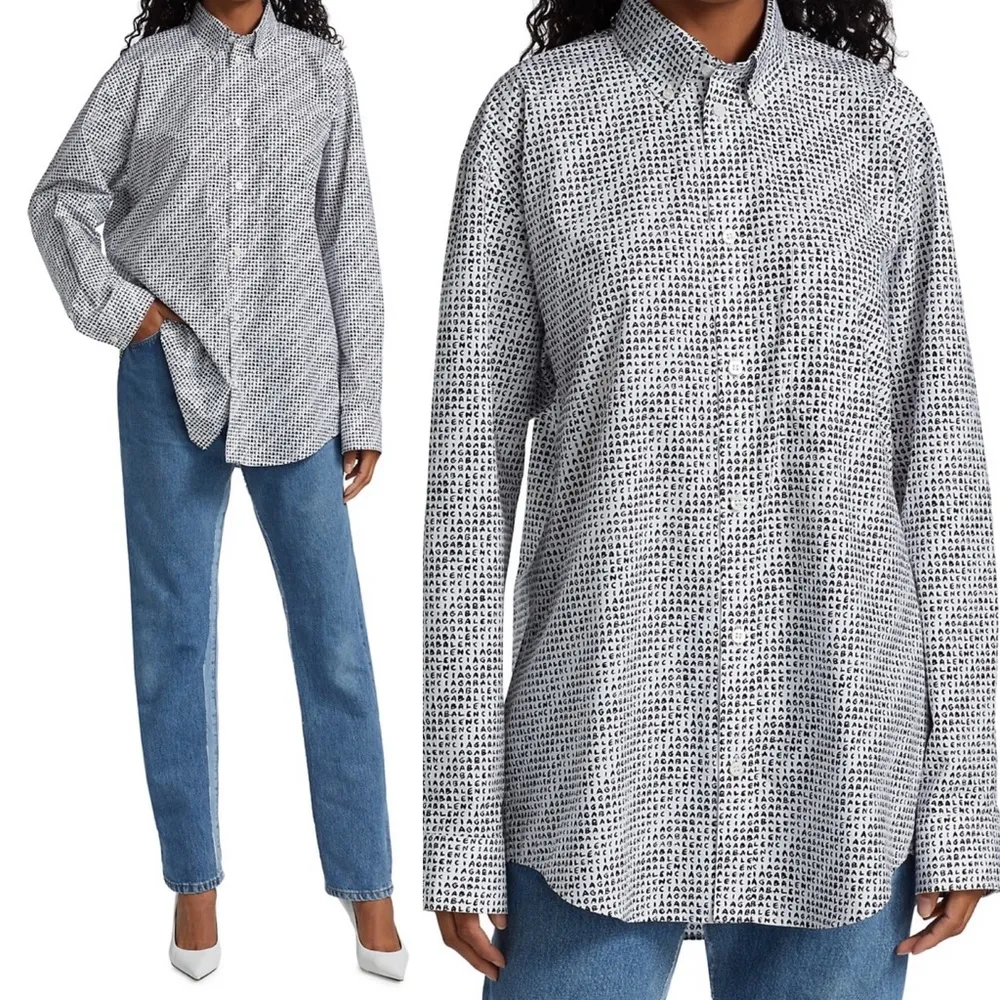 Balenciaga Micro Brand Print Cotton Blouse White Black Logo Button Down - Image 2