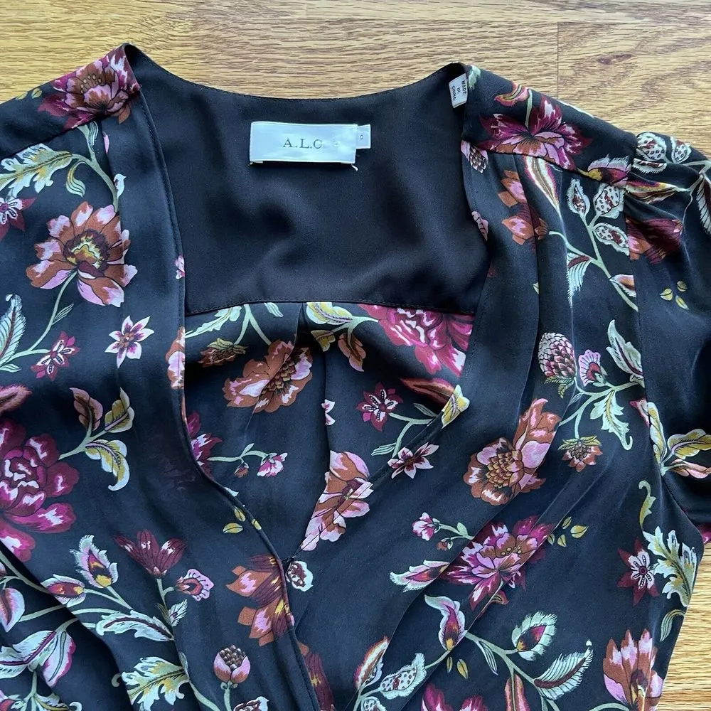 ALC‎ Haven 100% silk Dress Rusched Silk Floral Chiffon Print Black Lined - Image 14