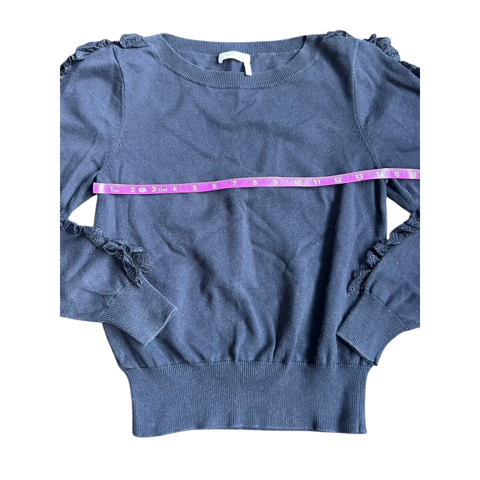 See By Chloe Dark Navy Lace Trim Ruffle Sleeve Crew Neck Sweater XS - Image 6