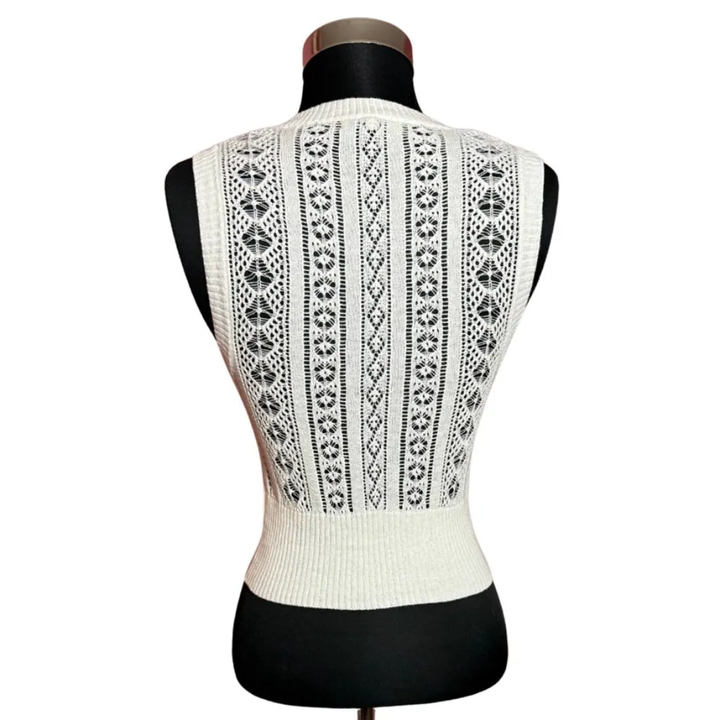 Heritage 1981 Crocheted Boho Cotton Sweater Vest Cream Sz S - Image 2