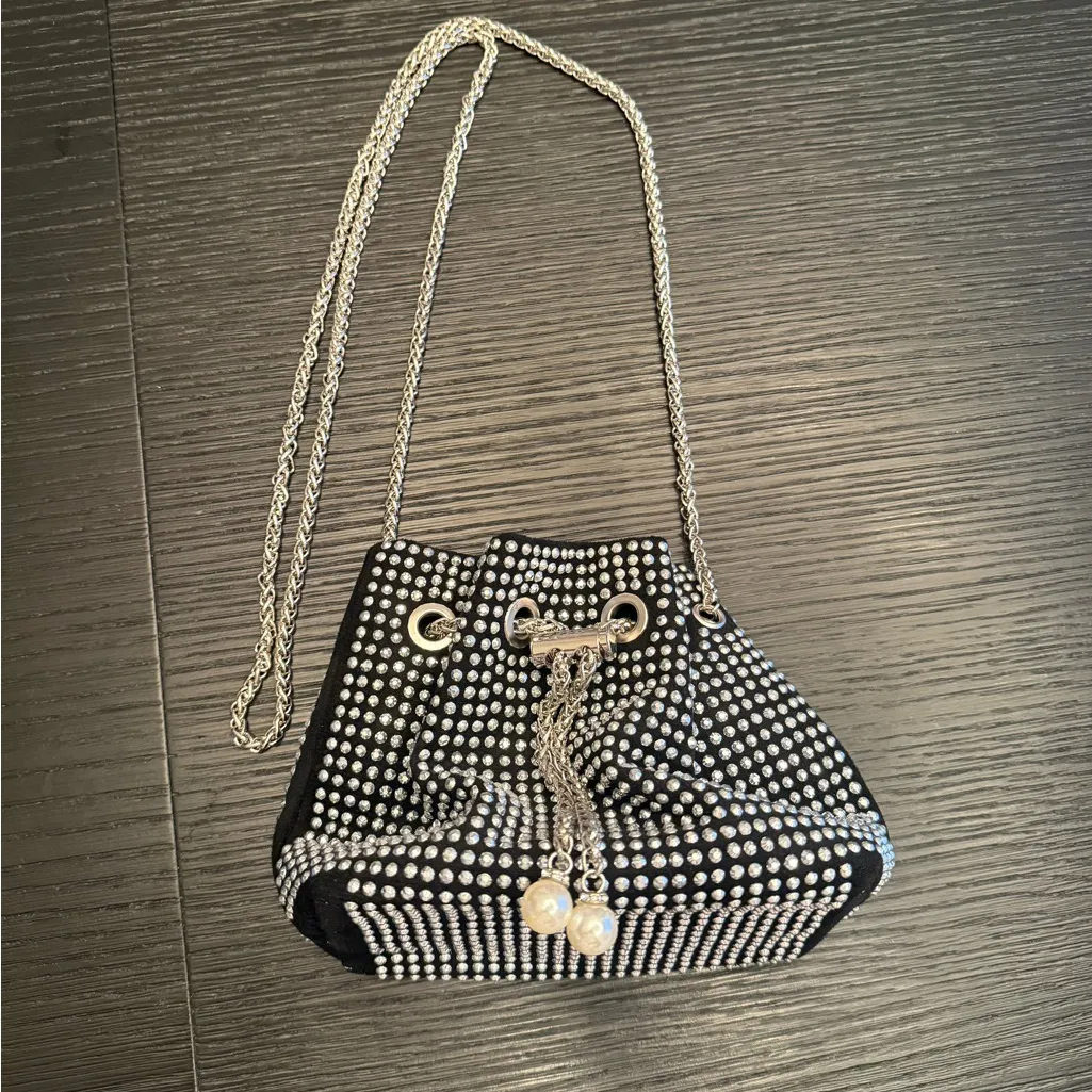 Studded Rhinestone Black & Silver Drawstring Bucket Bag Crossbody Evening Party - Image 2