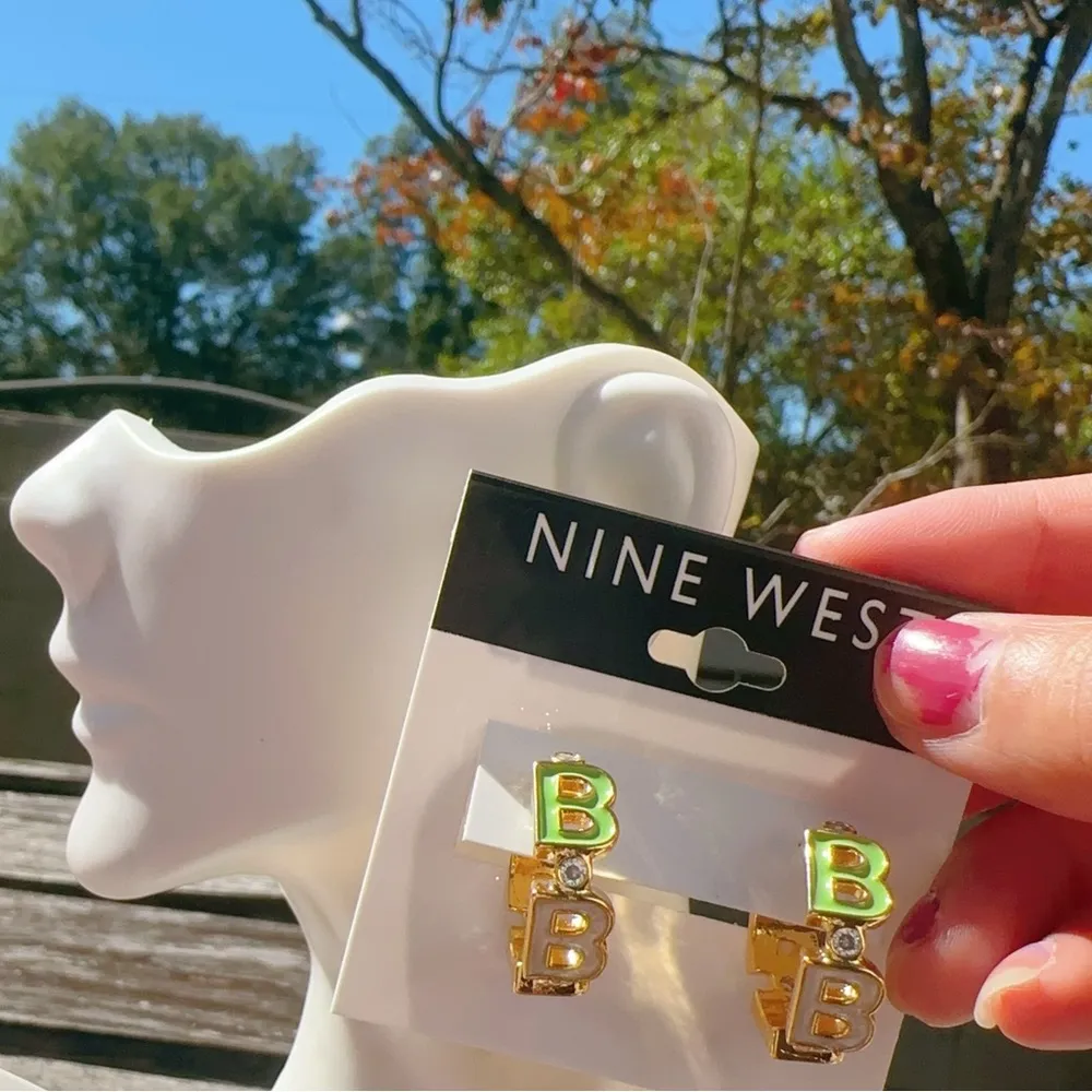 Nine West gold tone green white purple letter B Earrings loops - Image 3