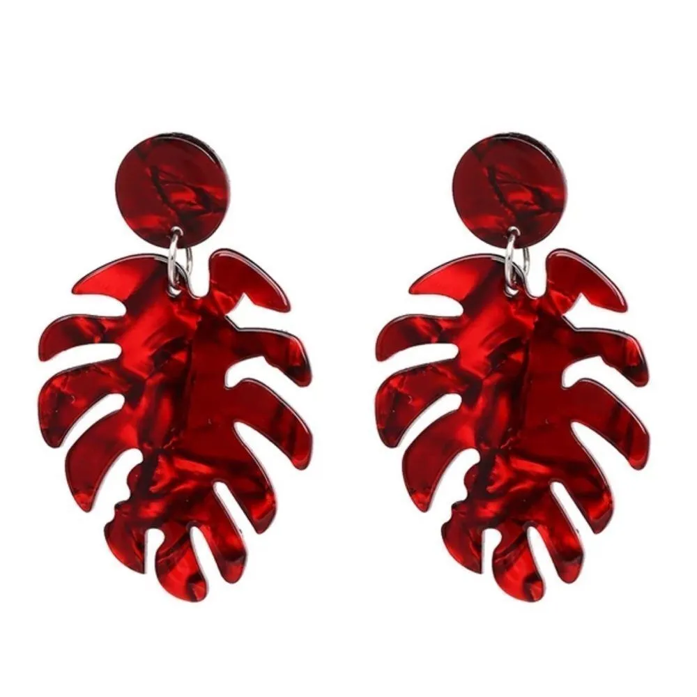 Ruby Monstera Leaf Resin Earrings Red - Image 7
