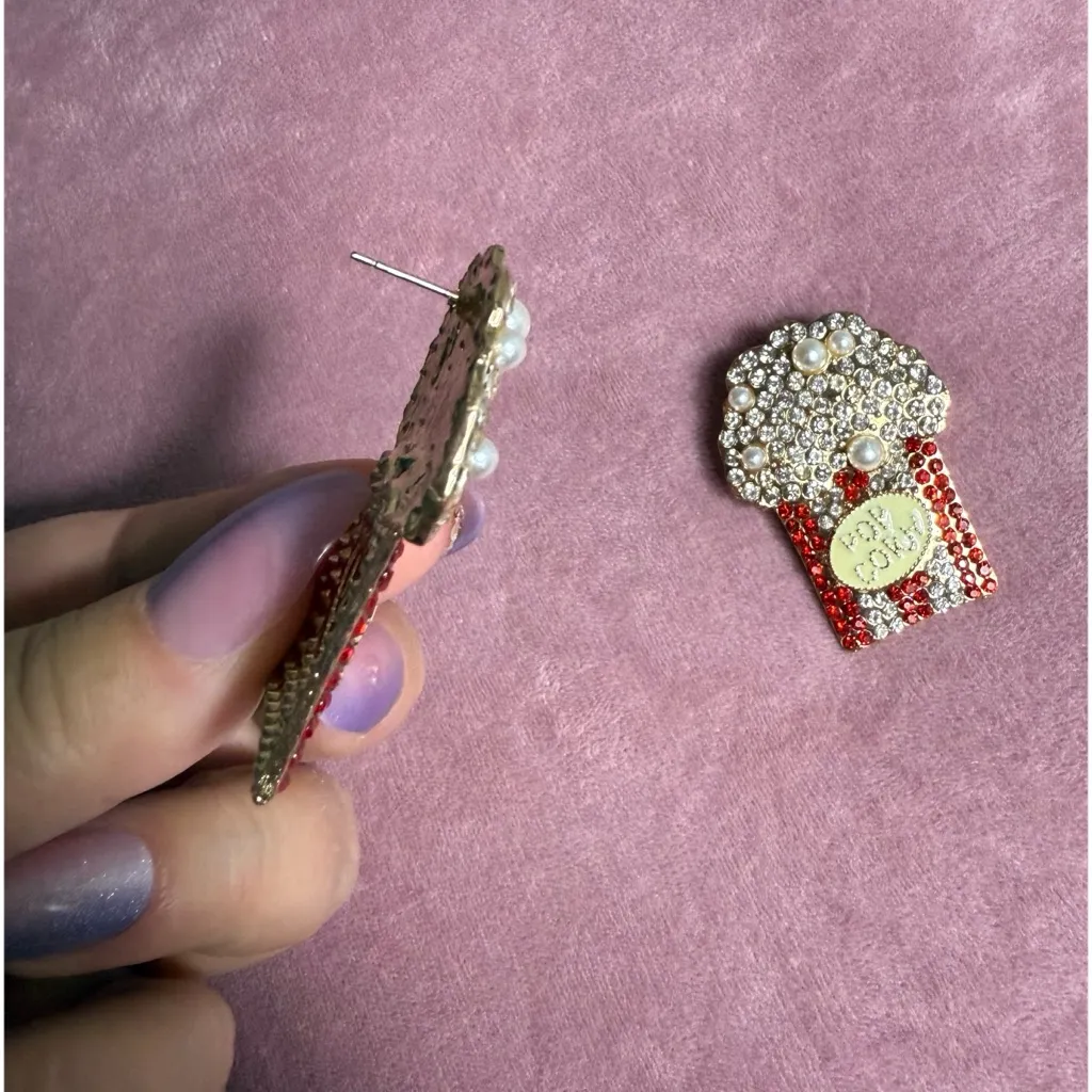 Popcorn Movie Night Rhinestone Faux Pearl Statement Earrings Costume Jewelry Red - Image 6