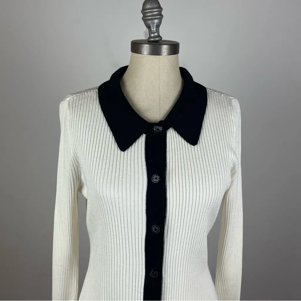 White House Black Market Petite Black + White Colorblock Cardigan - Image 4
