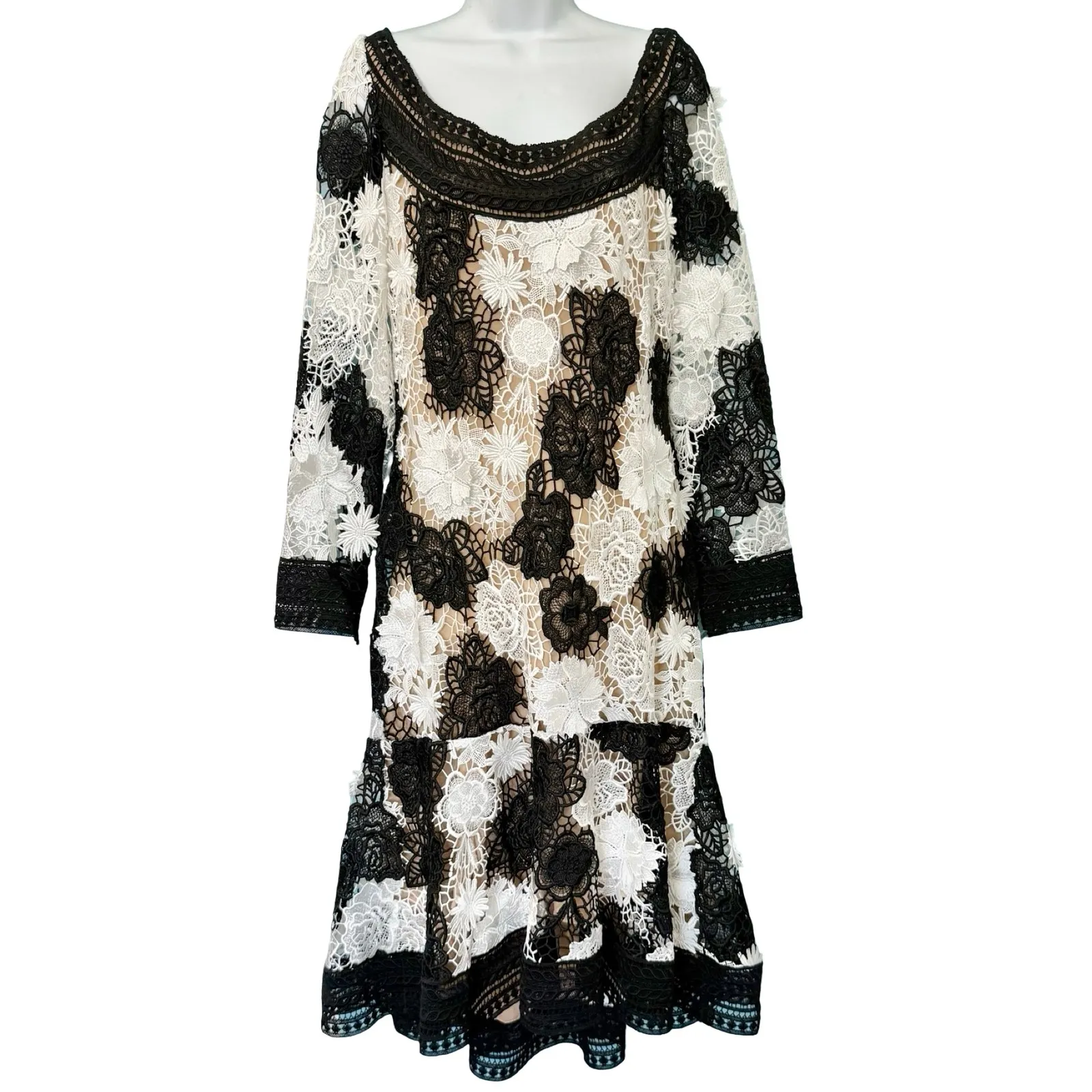 Naeem Khan Black White Nude Floral Lace Long Sleeve Mermaid Dress sz 10 NEW Tags - Image 2