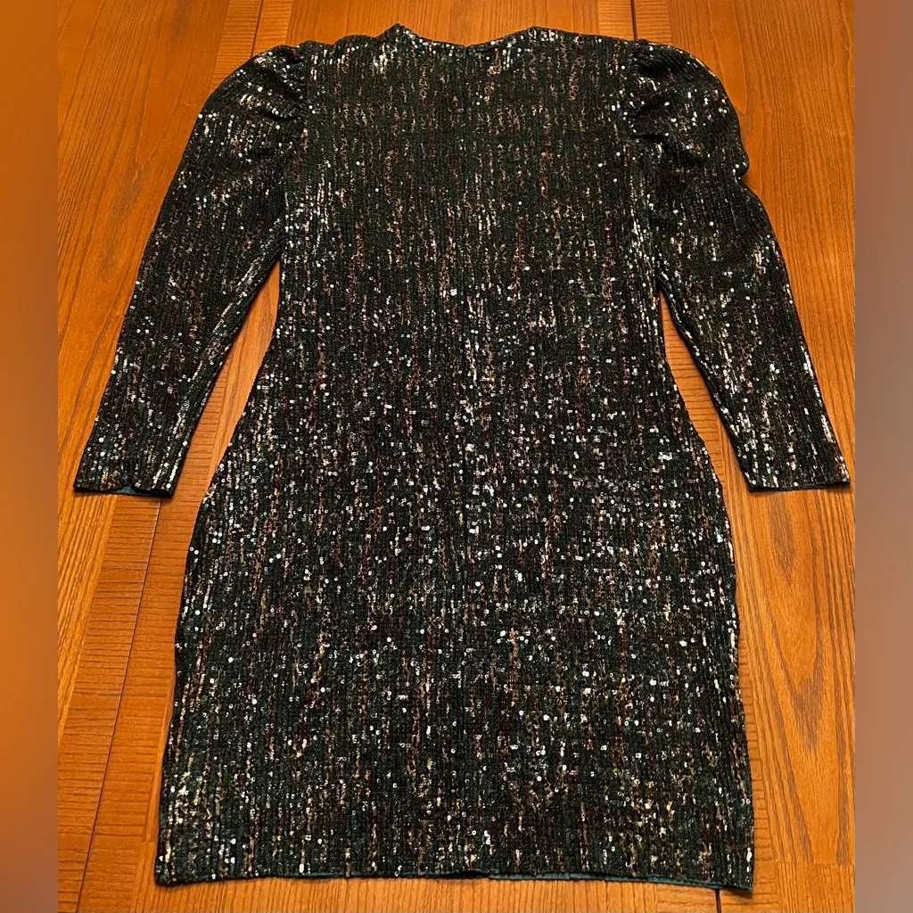 ZARA‎ Sequin Puff Long Sleeve Special Limited Edition Emerald Green & Gold Dress - Image 16