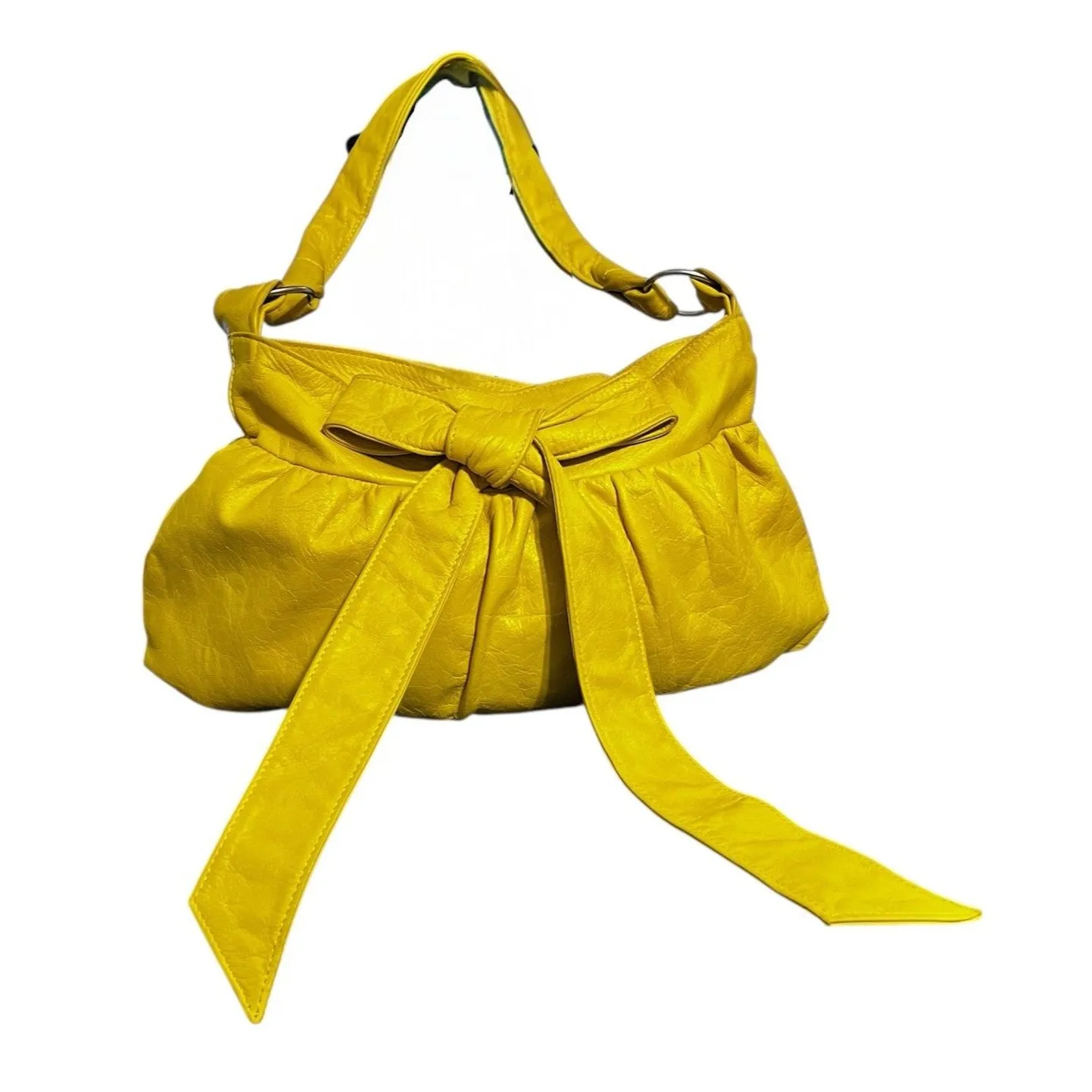 Morelle Yellow Leather Shoulder Bag Bow Accent Slouchy Hobo Bag Purse EUC - Image 6