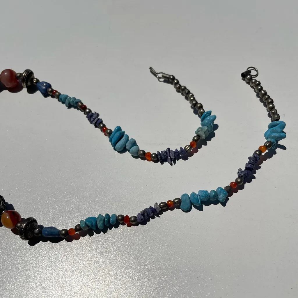 Vintage Boho Tribal Medallion Pendant Necklace Carnelian Turquoise Multistone Blue - Image 13