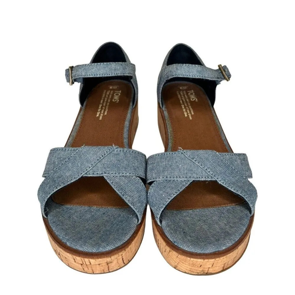 TOMS Chambray Cork Wedge Sandals Women’s Size 9 - Image 3