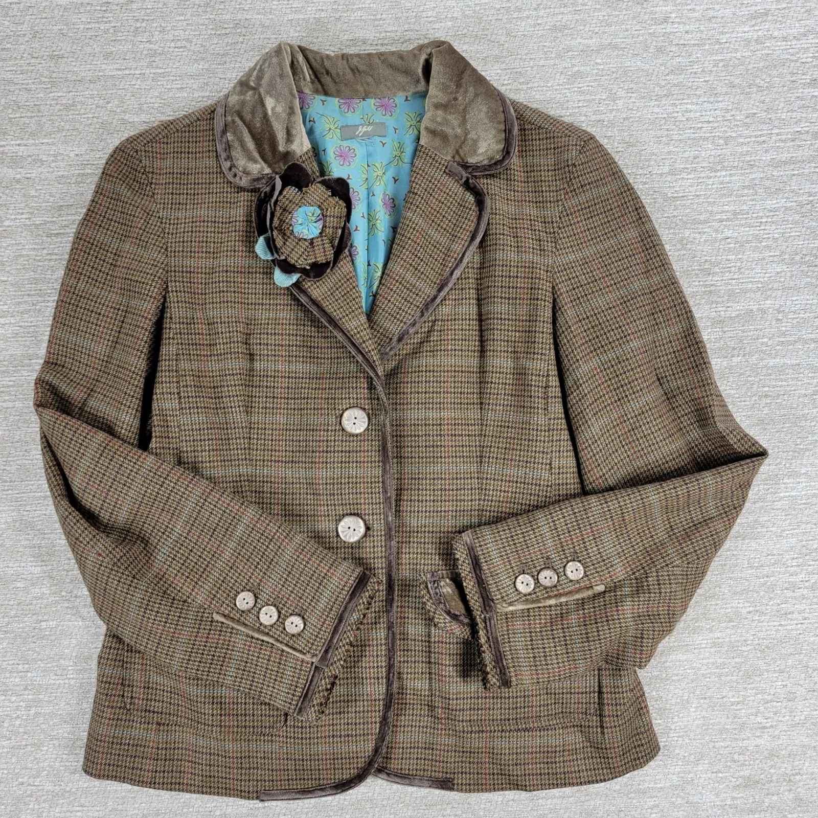 J Jill Herringbone Tweed Blazer XS Tan Brown Teal Wool Blend Flower Accent Size M - Image 8