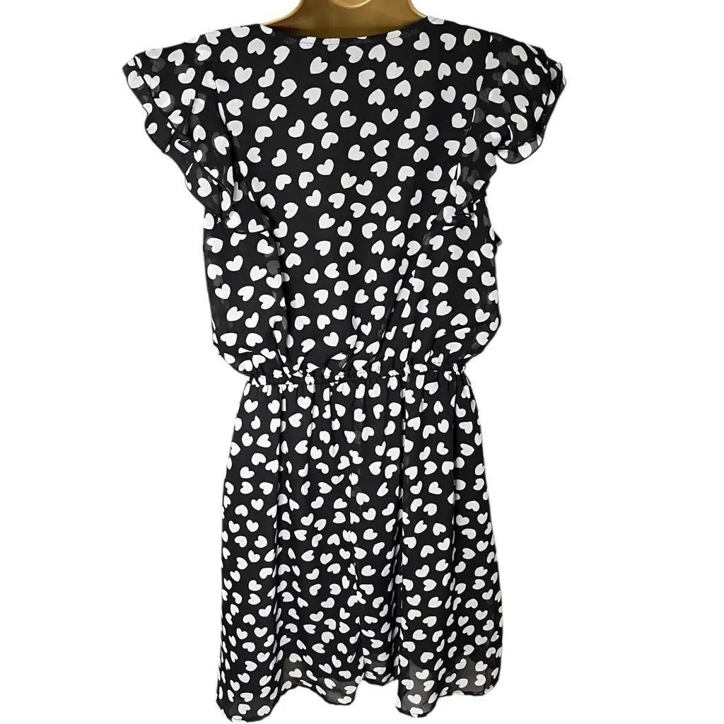 BeBop Ruffle Sleeve Mini Dress Heart Print Black White L Juniors - Image 2