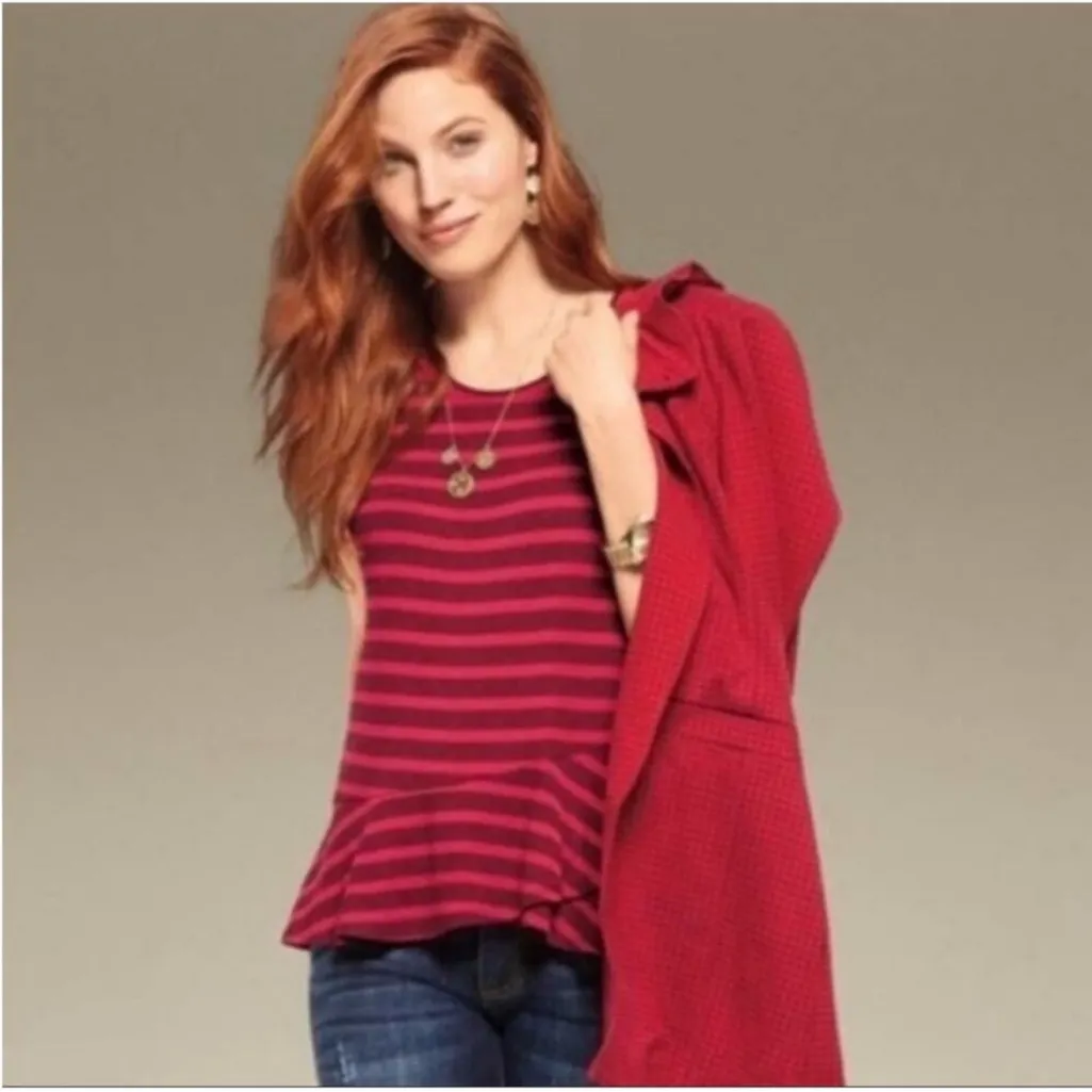 Cabi Womens #‎ 3631 Sweet Talk Tee Short Sleeve Striped Peplum Top Size XS Pink - Image 2