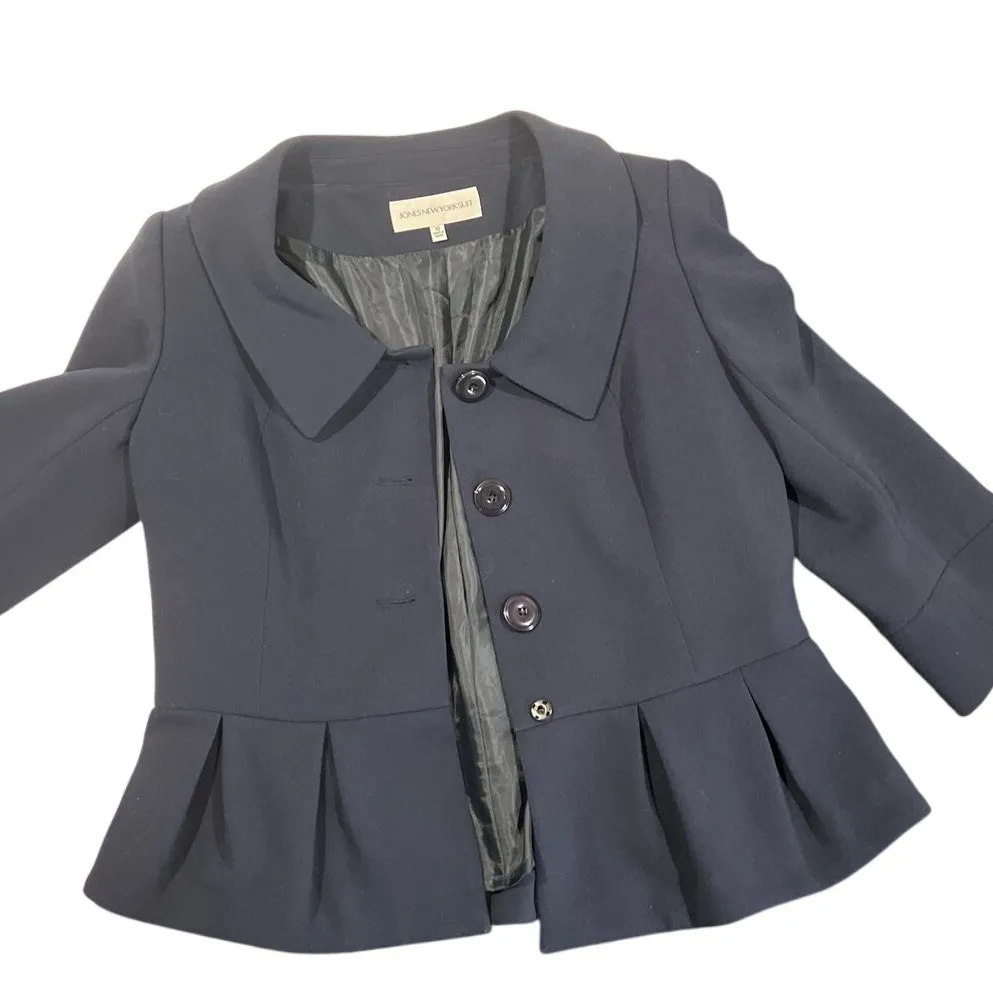 Jones New York Suit Navy Peplum Twee Blazer 3/4 Sleeve Women's Size 10 Ruffle - Image 6