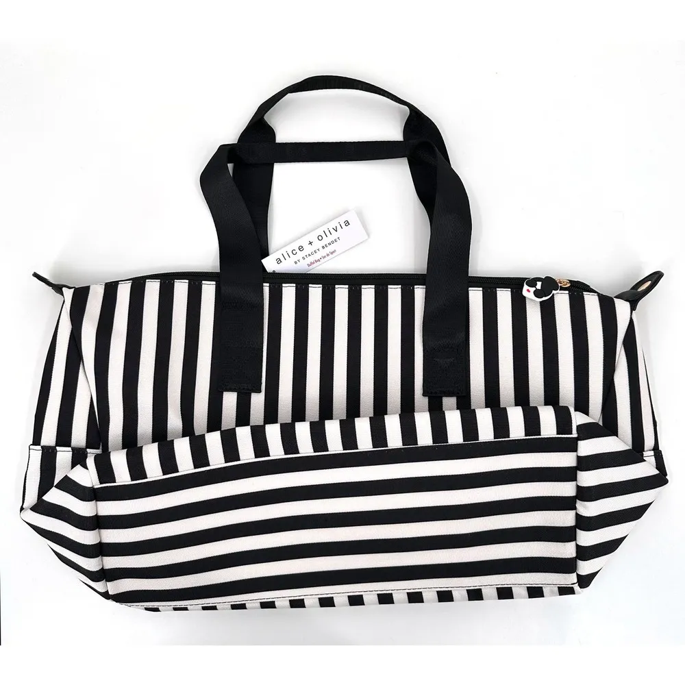 Alice + Olivia Duffle Bag Black and White Positano Stripe Weekender Tote - Image 8