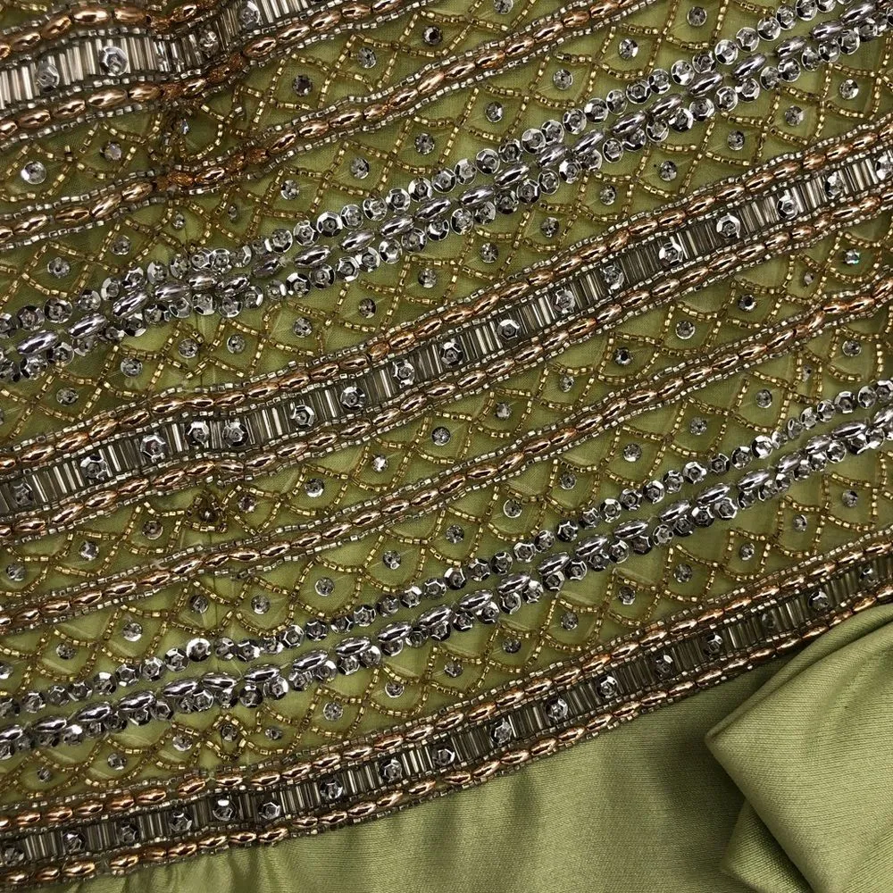 60’s Vintage Victoria Royal Avocado Green Beaded Bodice Gown with Bow - Image 5