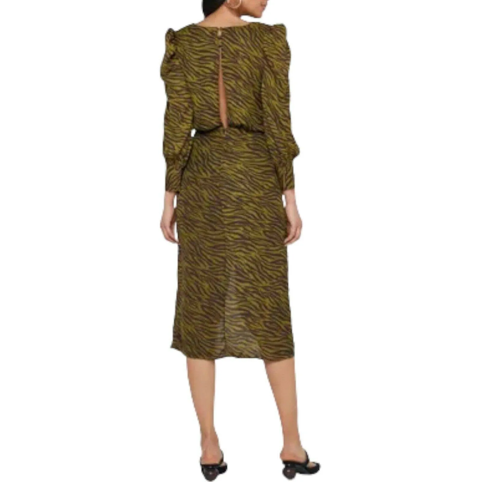 Moon River Anthropologie Tiger Animal Stripe Ruched‎ Green Midi Size M Estimated - Image 3