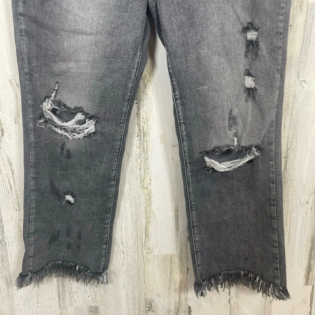 RISEN LOS ANGELES High Rise Distressed Jeans Frayed Hem Waist Dark Grey size 30 Black - Image 3