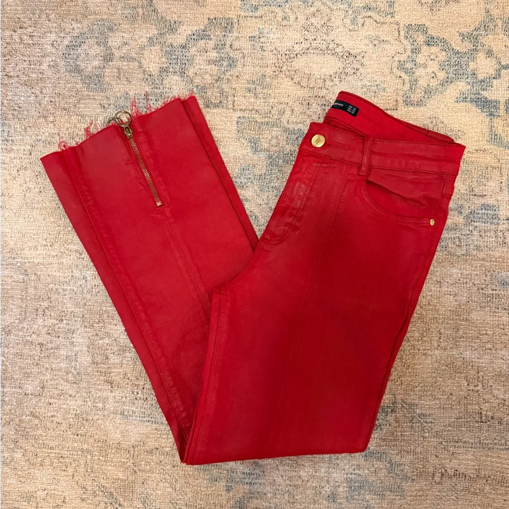 Zara Trafaluc Denimwear NWOT Red Coated Denim Pants with Zipper On Bottom Front - Image 6