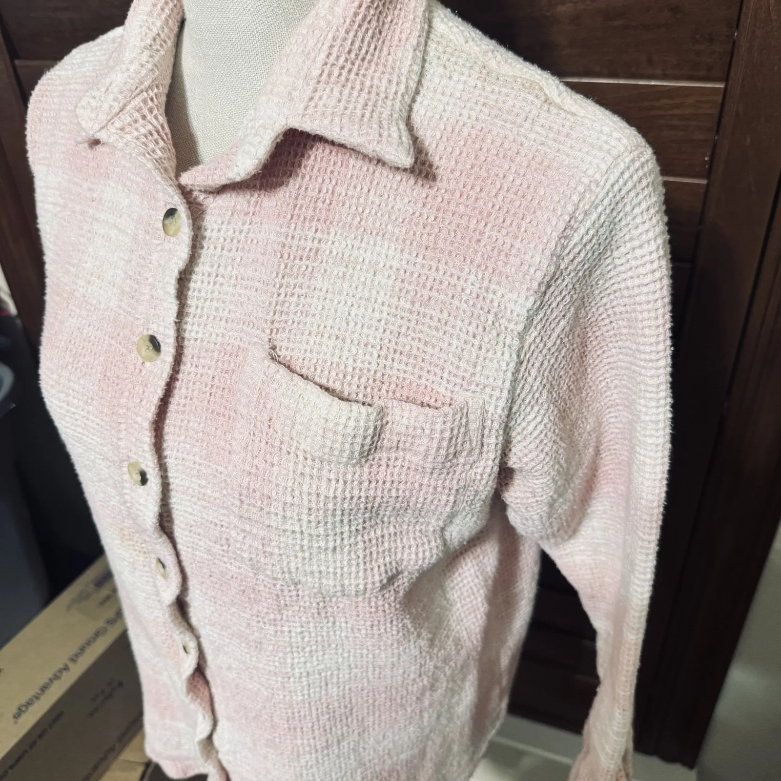 Y2K Venezia Waffle Knit Shirt sz 14/16 pink white checked thermal button down - Image 2