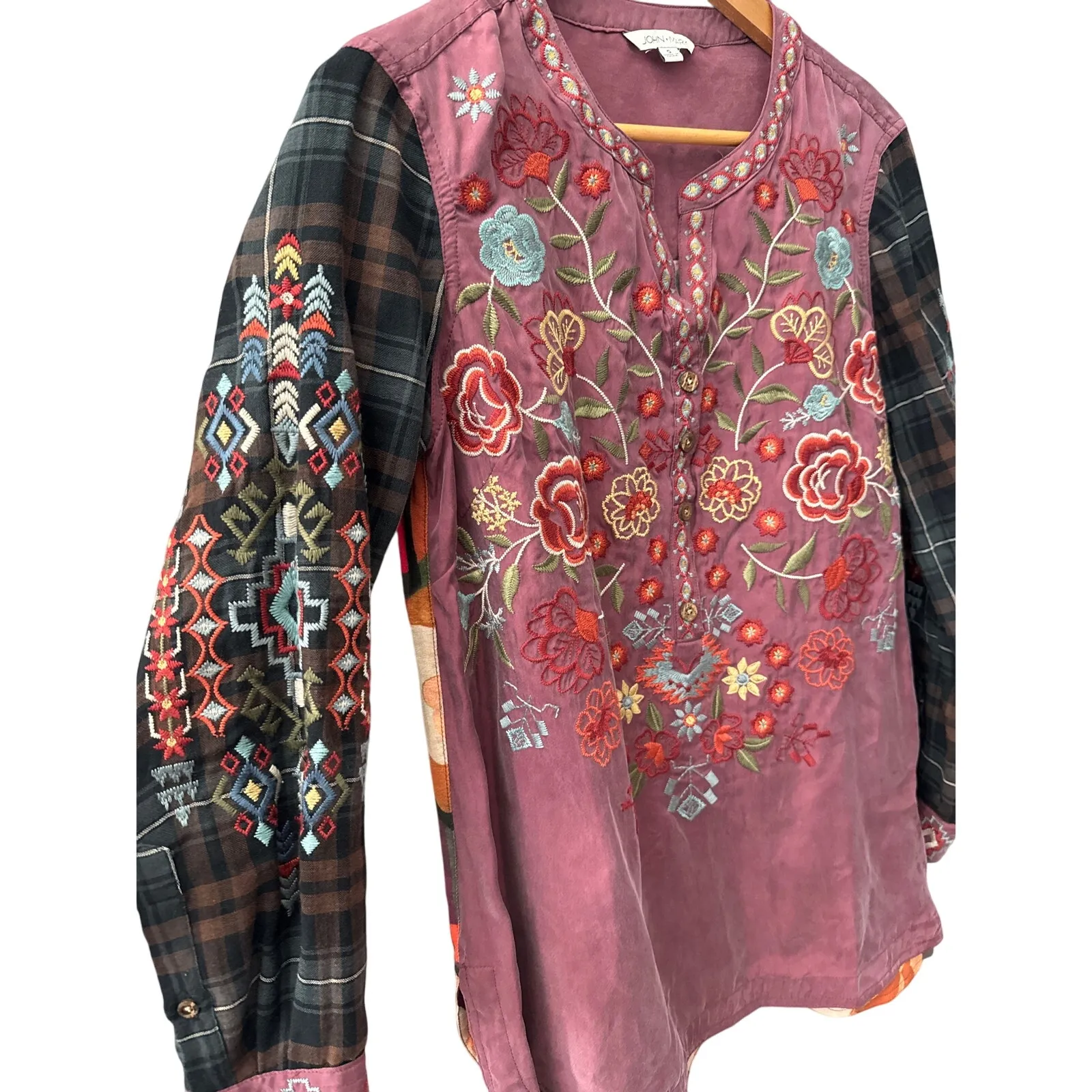 John Mark  Fully Embroidered Boho Mixed Media Long Sleeve Top Multi Size Small - Image 6