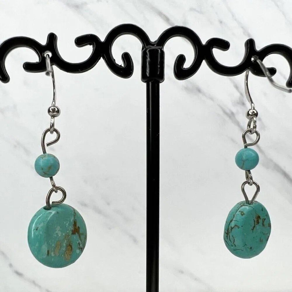 Silver Tone Faux Turquoise Dangle Drop Earrings Pierced Pair - Image 5