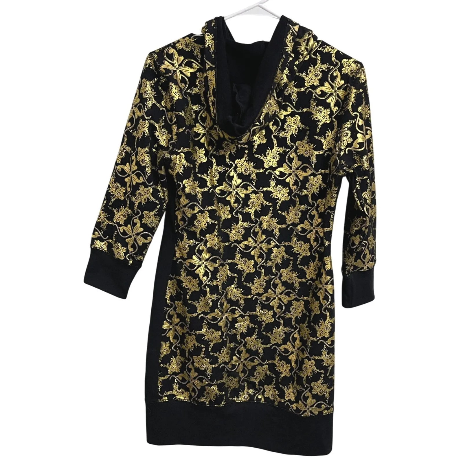 Vintage Y2K Baby Phat Hooded Zip Sweater Dress Gold Baroque Graphic Metallic M - Image 2