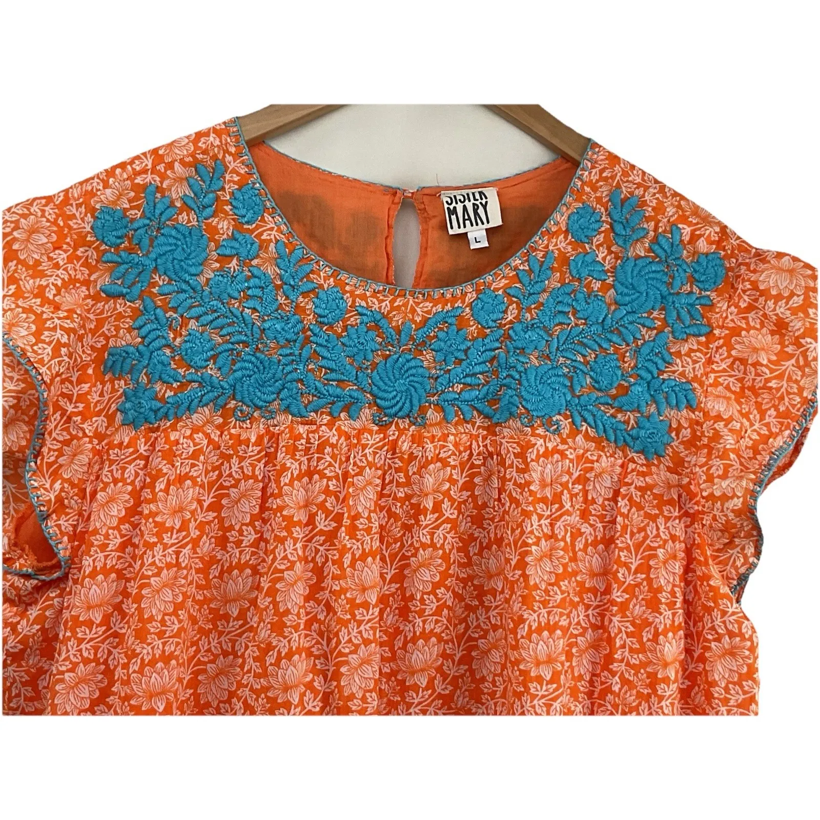Sister Mary SZ Large blue embroidered bib vibrant floral orange midi dress - Image 4
