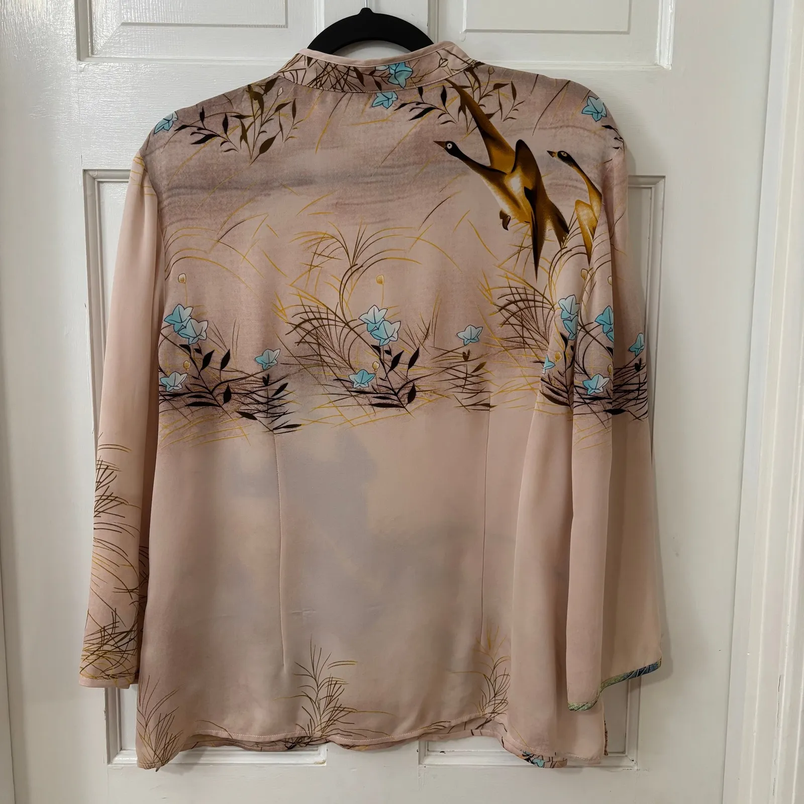 CITRON Santa Monica Silk Artsy Asian Geisha Crane Mandarin Collar Blouse Top L Blue Size L - Image 6