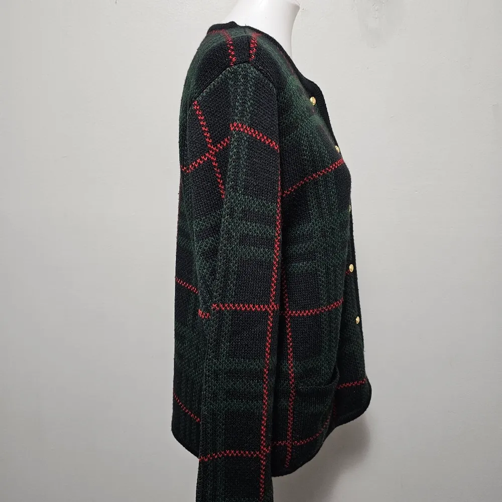 Vintage Liz Baker Black & Red Tartan Plaid Cardigan Size MP - Image 2