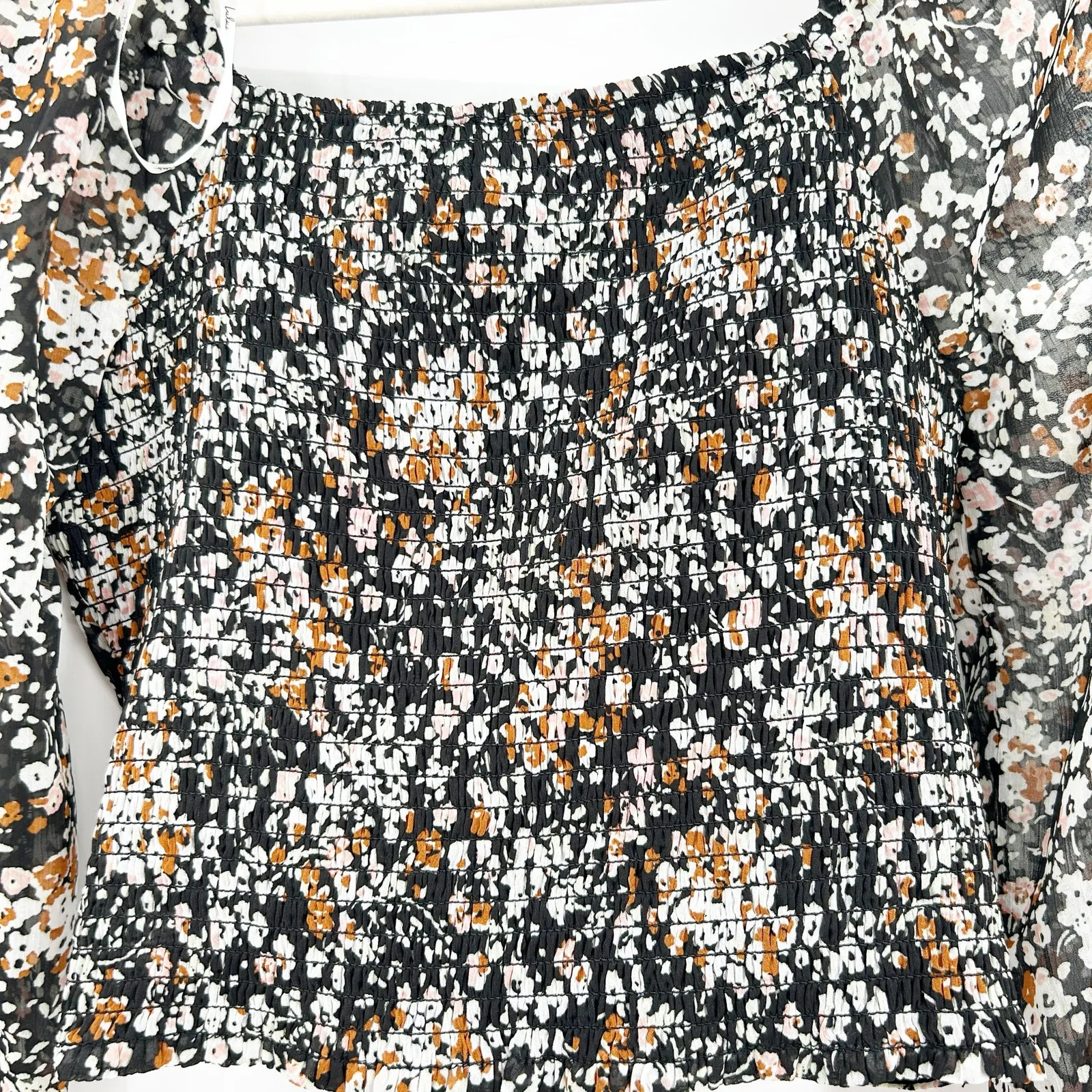 NWT Lulus Womens Mood Setter Ruched Long Sleeve Ditsy Floral Crop Blouse‎ Top S Black - Image 9