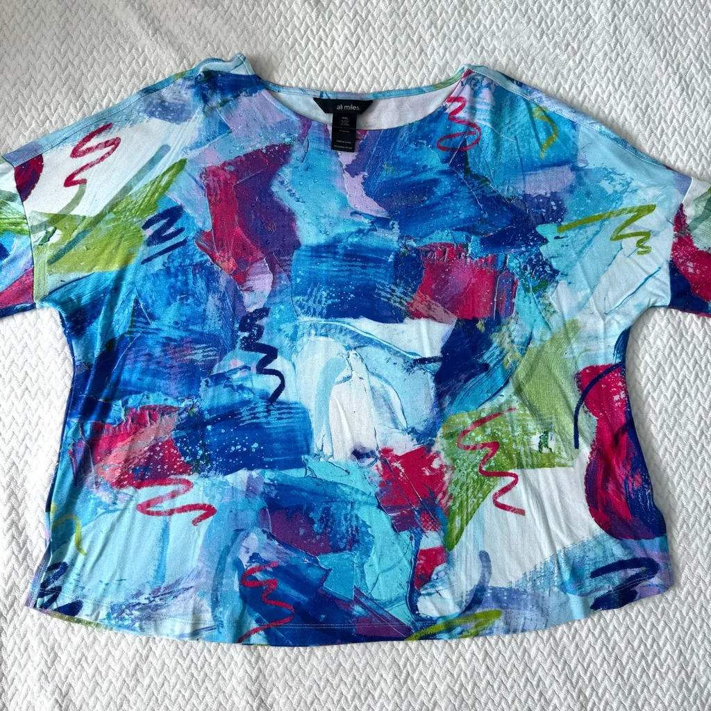 Ali Miles Multicolor Abstract 3/4 Sleeve Top XLP Artsy Lagenlook Embellished Blue Size undefined - Image 5