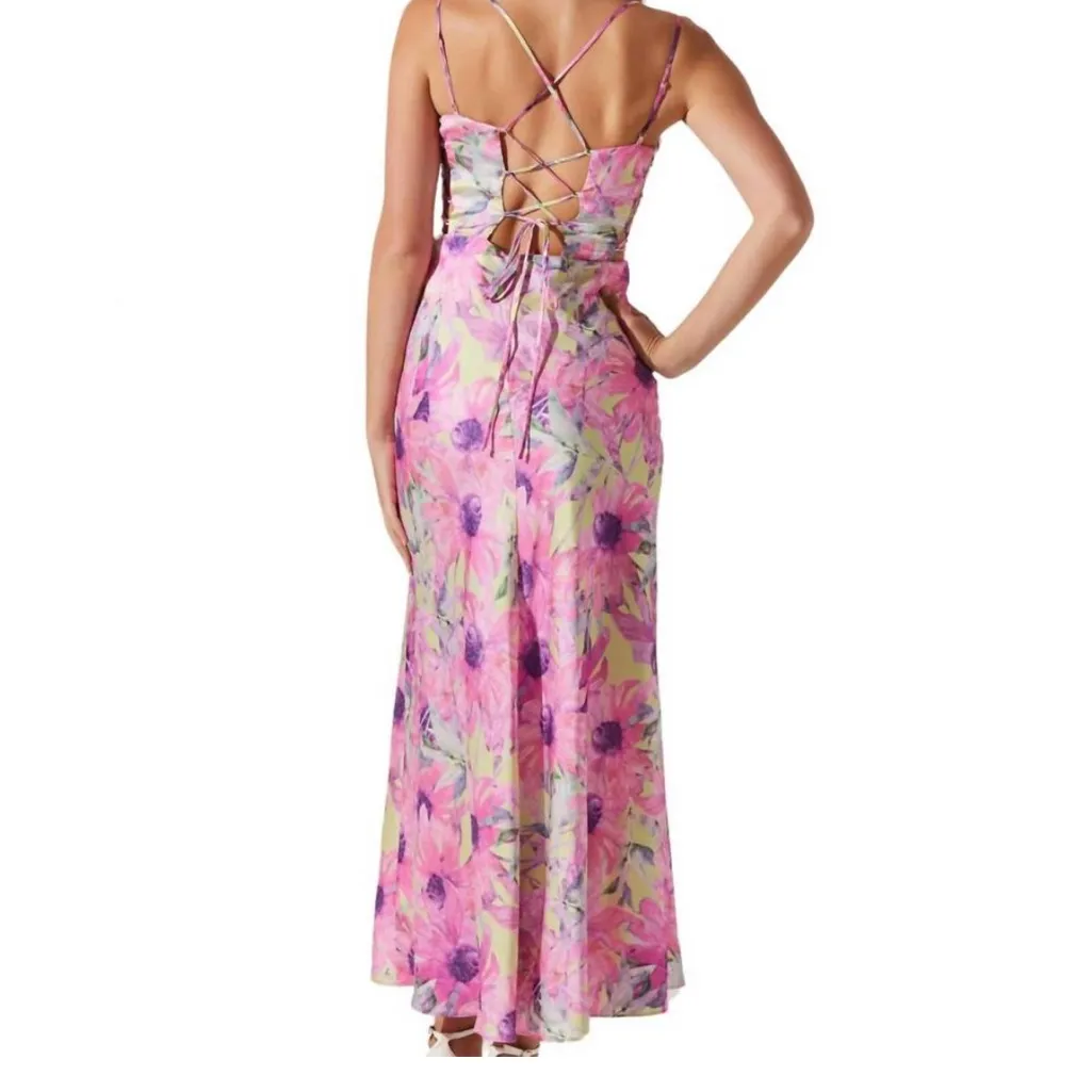 NEW ASTR Antlia Lime Green and‎ Pink Floral Tropical Maxi Dress Small - Image 2