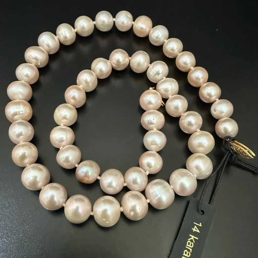 14K 585 Gold Clasp 9mm Ivory Cream Freshwater Cultured Pearl 17” Necklace 48.6g. - Image 2