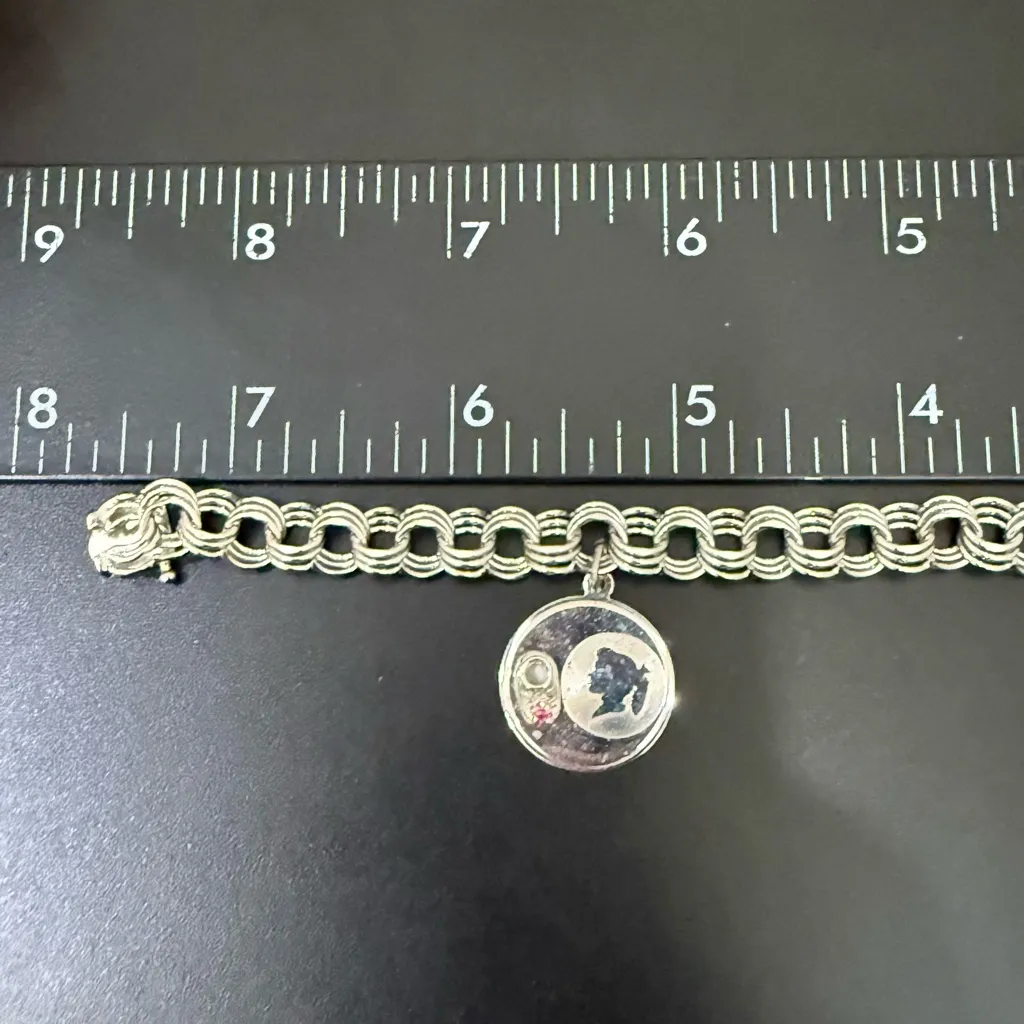 Vintage Sterling Silver Girl Baby Boots Pink Stone Double Curb Link Bracelet 16g - Image 9