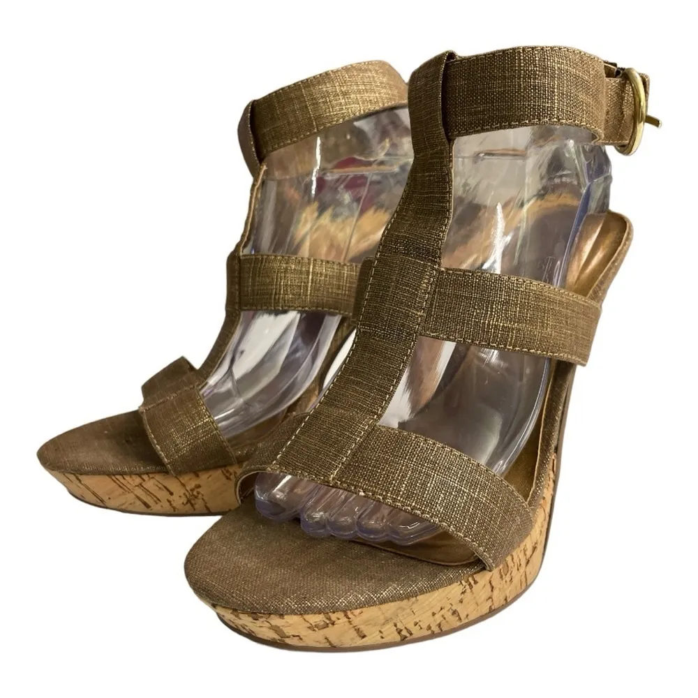 Chinese laundry denim and gold strapped cork heels size 10M - Image 5