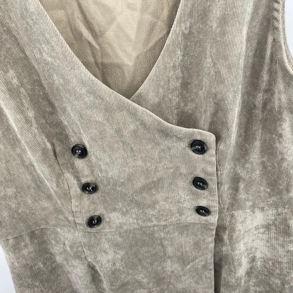 Lulus Benton Light Grey Corduroy Button-Up Sleeveless Mini Dress Deep V Sz Large - Image 6