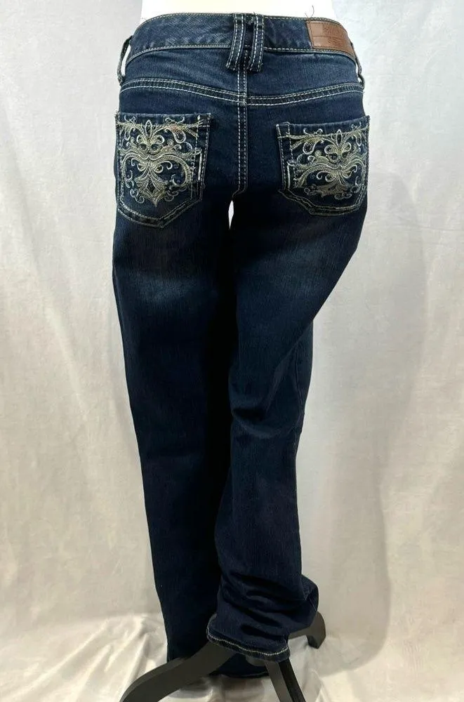 Ariya 90s Y2K low rise distressed dark wash bootcut jeans size 3/4 Blue - Image 3