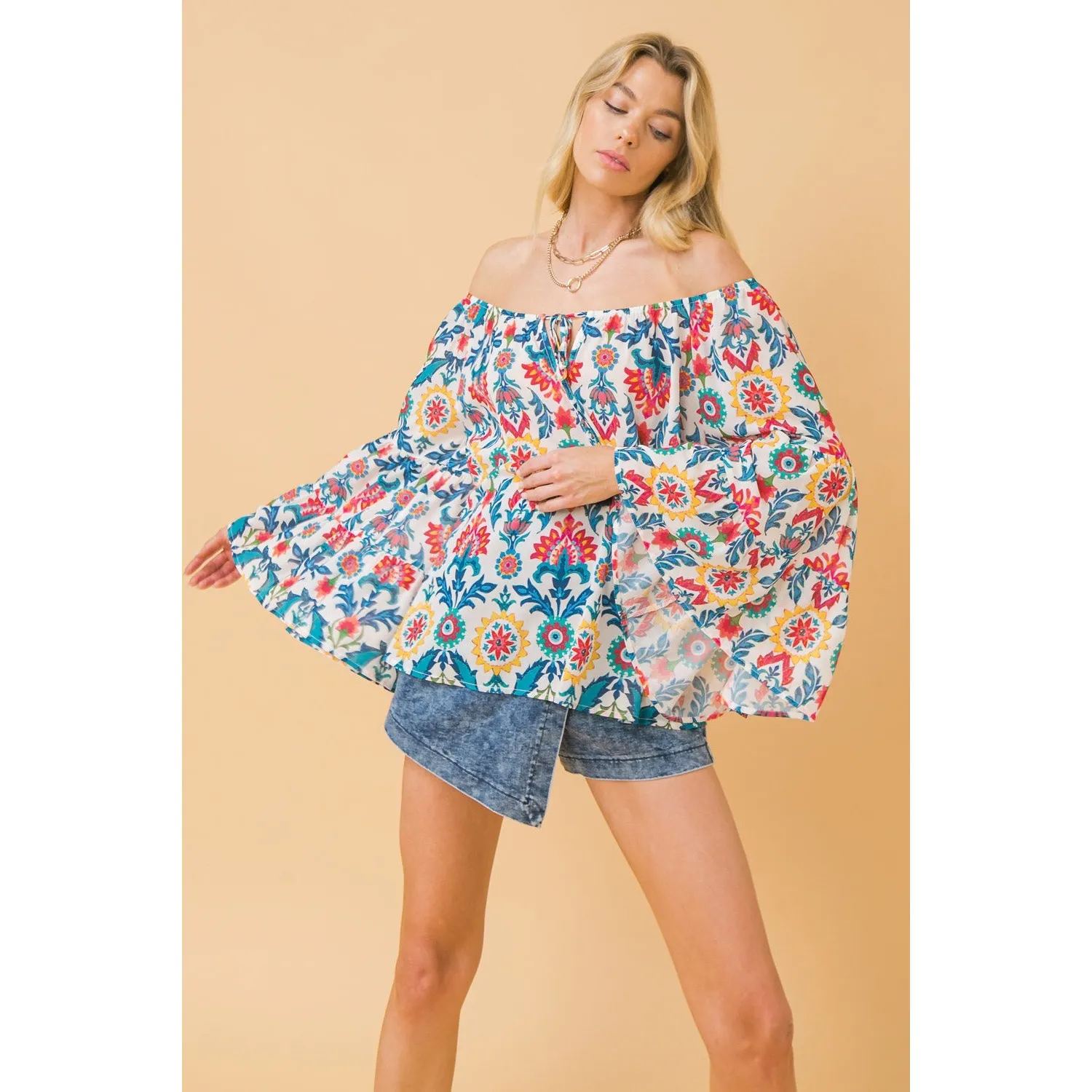 Flying Tomato Resort Ready Woven Top Large Multicolor Floral Bell Sleeve Peasant - Image 7