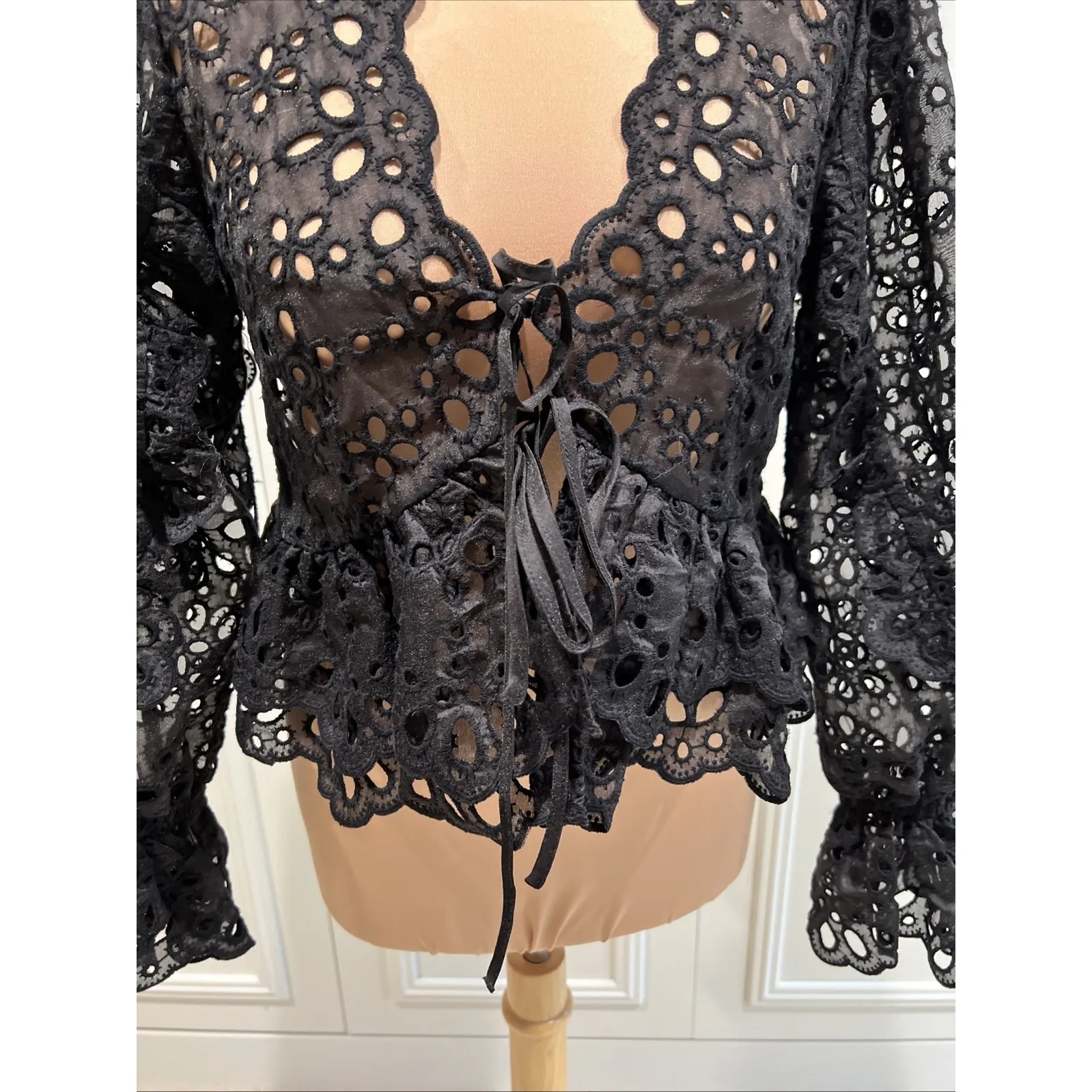 H&M Black Eyelet Tie Front Top Whimsigoth Dark Fairy Witchy Peasant Victorian - Image 2