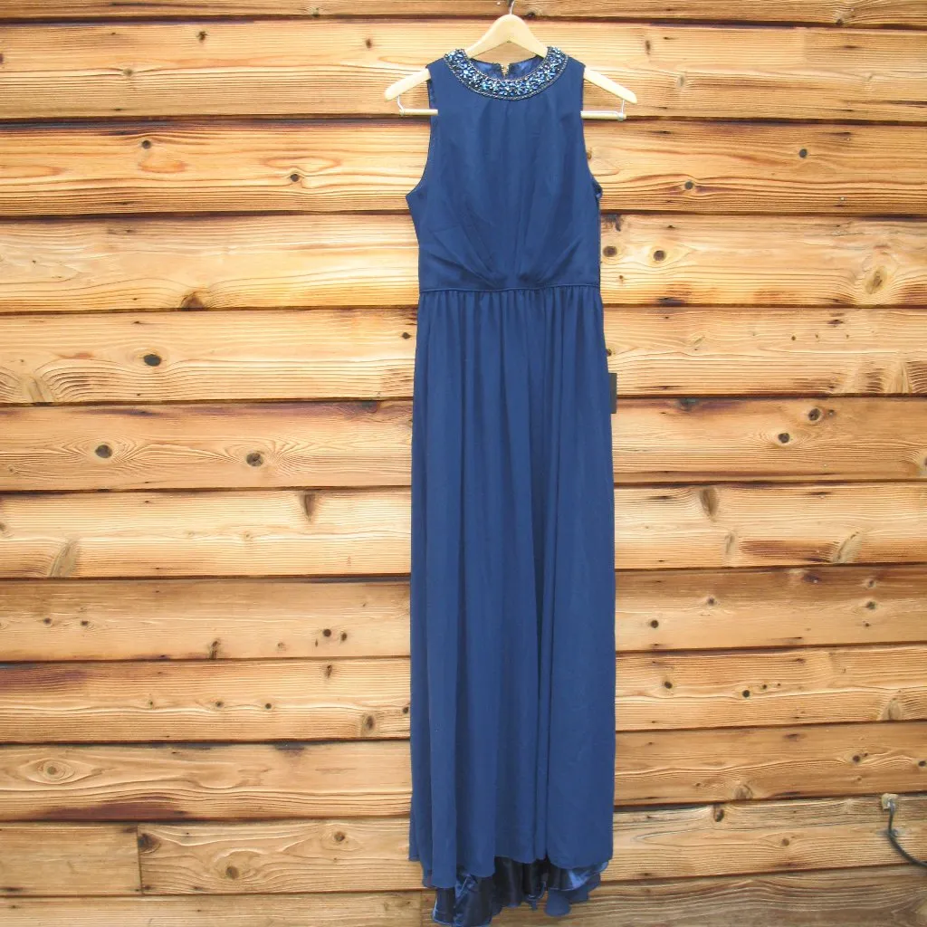 NWT Mac Duggal 55147 Navy Bejeweled Neckline Pleated Chiffon Gown MISMARKED SIZE - Image 6