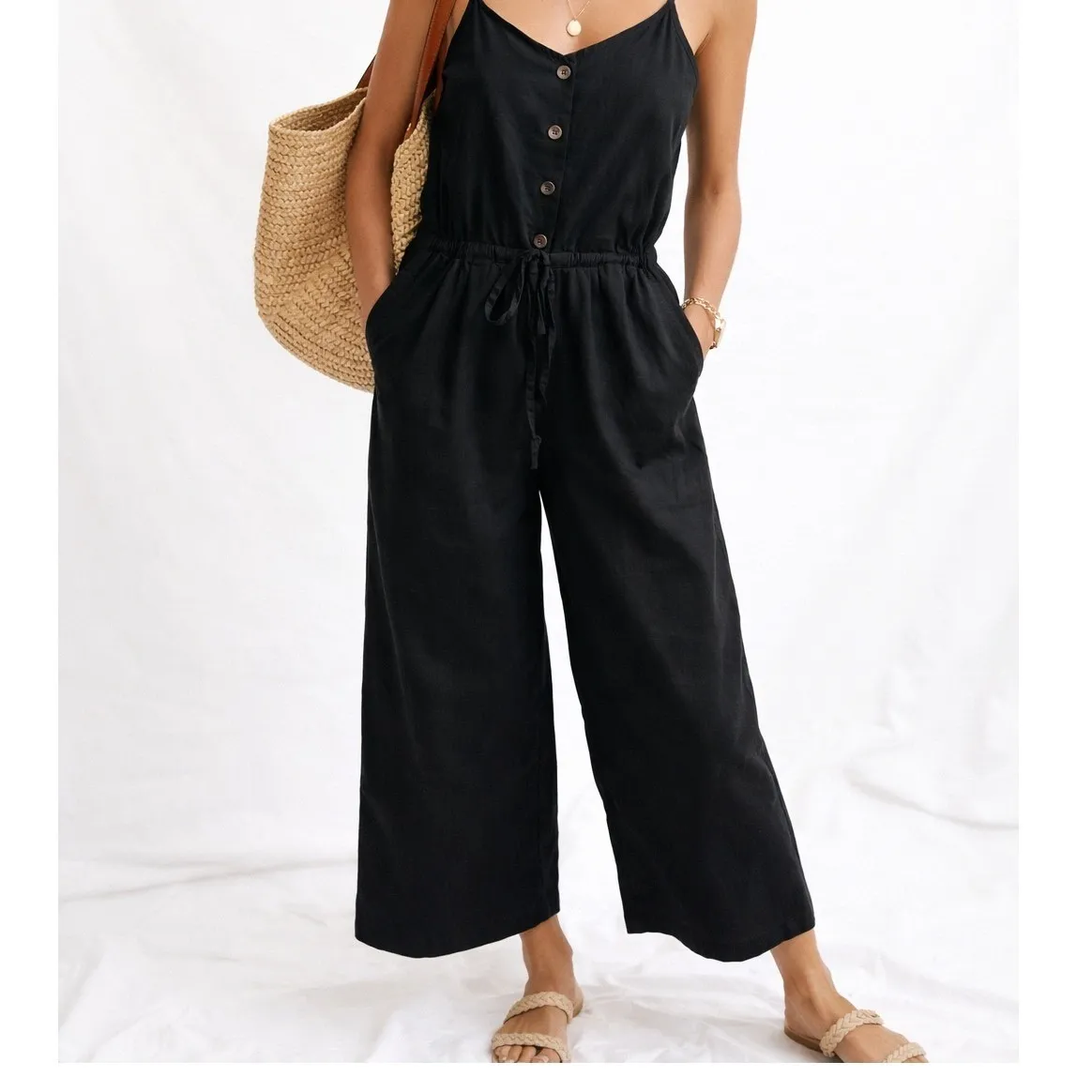 H&M Black Linen Cami Wide Leg Crop Jumpsuit Size XXS - Image 2