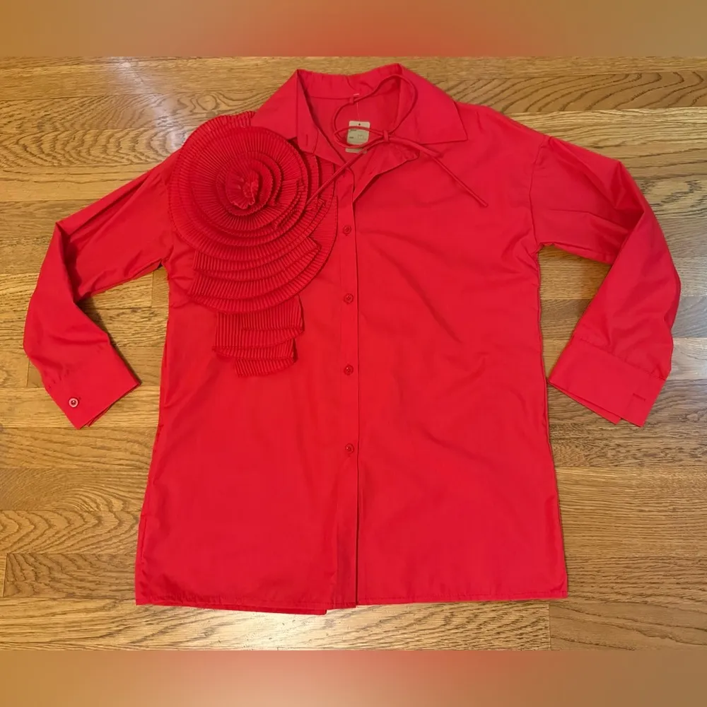 Red blossom flower Button up shirt size M Size M - Image 11