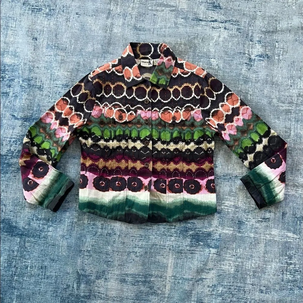 Shana K Dyed Denim Sequin Beaded Lightweight Jacket Shacket Small Green - Image 5