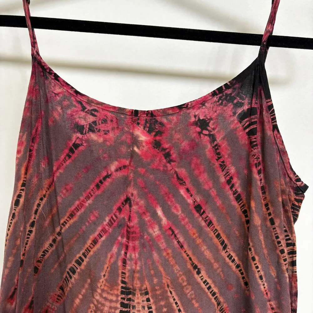 Bohemian Tie Dye Red Rayon Flowy Maxi Dress Adjustable Hippie Gypsy Festival - Image 3