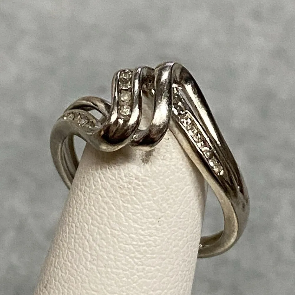 925 Sterling Silver Signed M Diamond Double Row Wave Bypass Ring Size 7 - Image 3